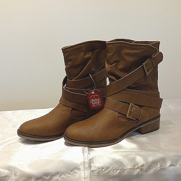 Western Moto Boot Pull On Mid Calf Wrap-around Strap with a Buckle Casual Comfy - Picture 3 of 15